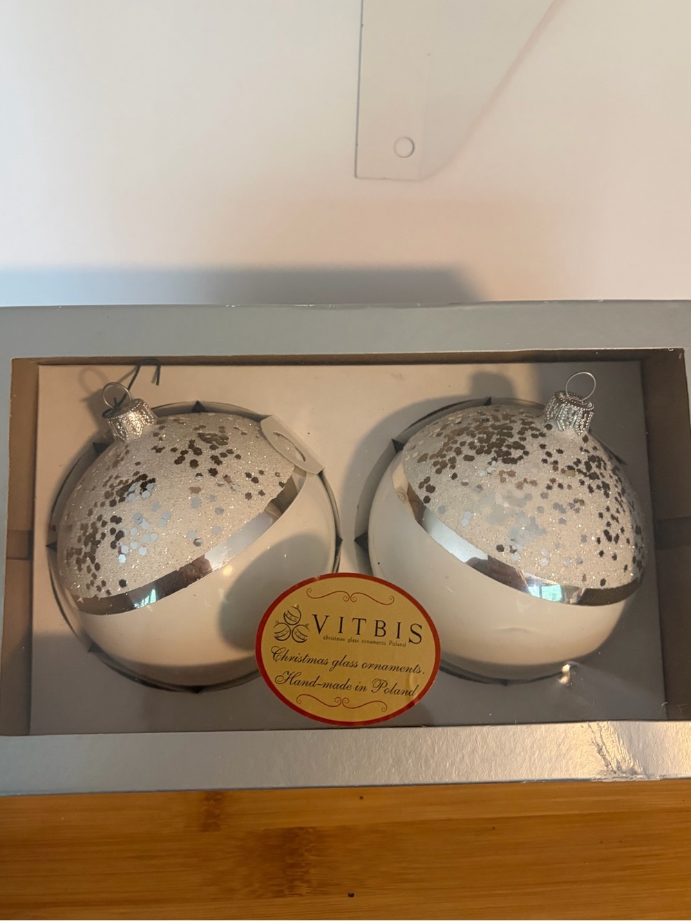VITBIS White Silver Glass Christmas Glass Ornaments Set of 2 Hand-Made in Poland